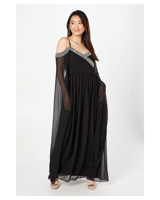 Coast Black Cold Shoulder Chiffon Drape Sleeve Maxi Gown With Embellished Waistband