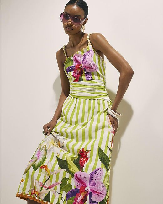 River Island Green Midi Dress Striped Beaded Floral Del Maar Cotton