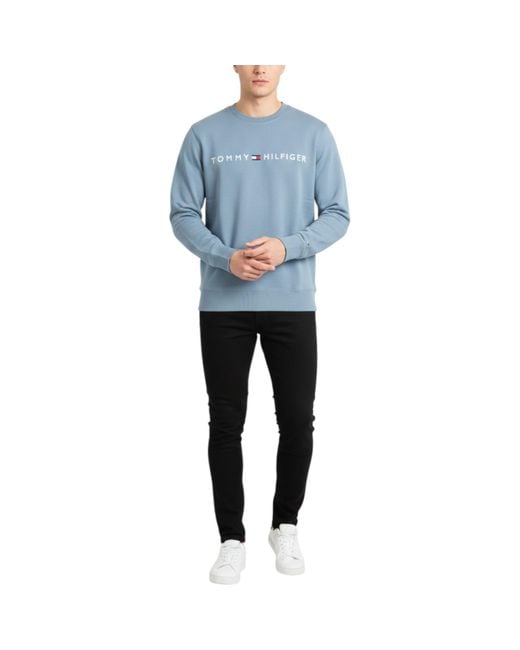 Tommy Hilfiger Blue Sweatshirt Terry Cotton Embroidered Logo Pullover Jumper for men