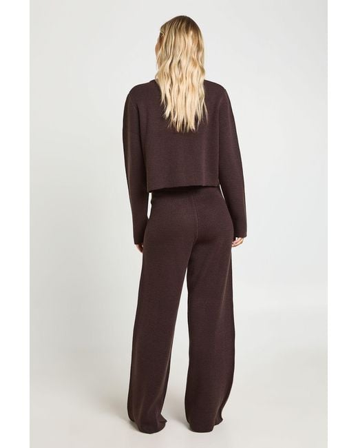 Boohoo Brown Petite Pocket Detail Crew Neck Knitted Cardigan And Wide Leg Trouser