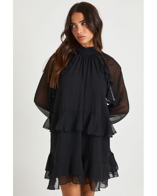 Boohoo Black Petite Chiffon Ruffle Smock Dress