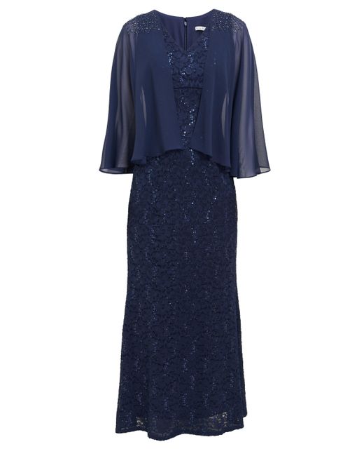Gina Bacconi Blue Jayden Long Fit And Flare V-Neck Dress With Illusion Capelet