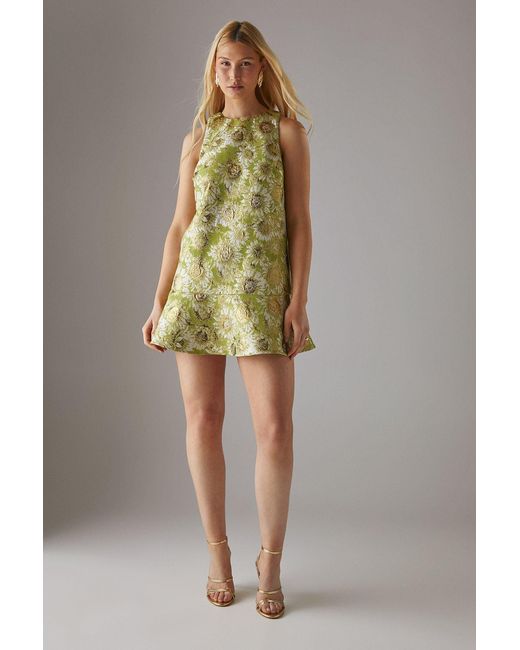 Warehouse Green Jacquard Peplum Hem Open Back Mini Dress