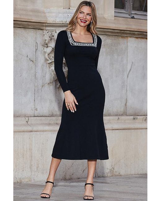 Sosandar Black Embellished Trim Knitted Midi Dress