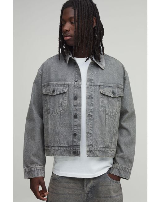 BoohooMAN Gray Essential Oversized Boxy Denim Jacket for men