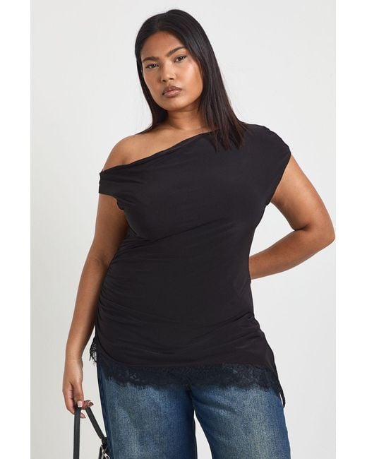 Boohoo Black Plus Asymmetric Lace Hem Top