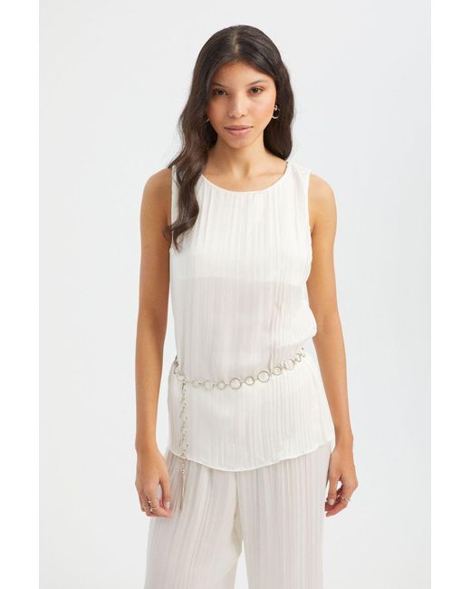 Hiccup White Round Neck Plisse Blouse With A Belt Detail