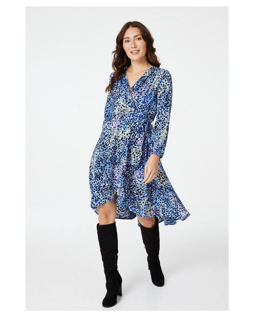 Izabel London Blue Printed V-Neck Wrap Front Dress