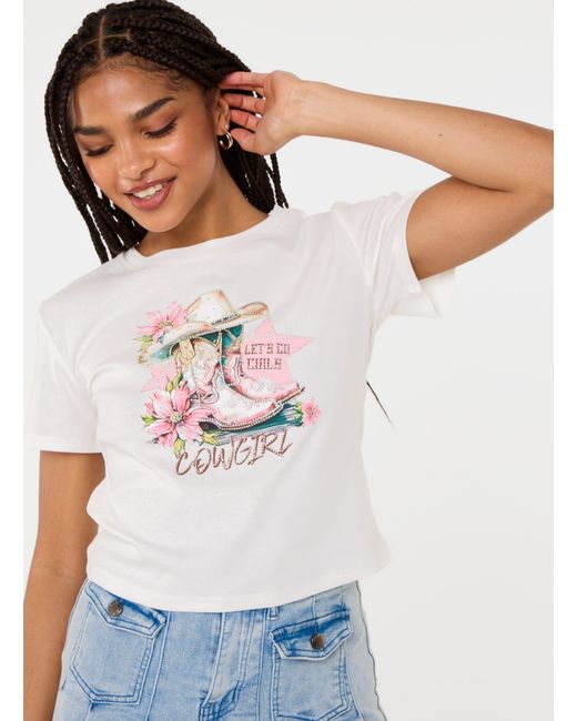 Pink Vanilla Pink Cowboy Boot Embellished T-Shirt