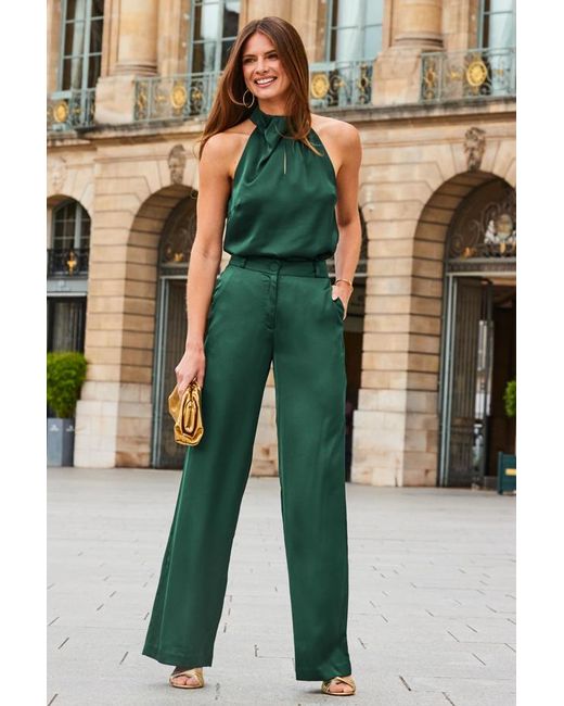 Sosandar Green Emerald Satin Wide Leg Trousers