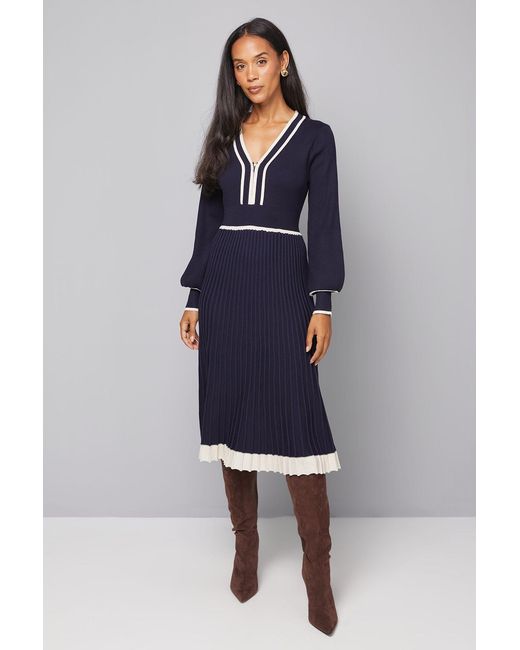 Wallis Blue Zip Front Pleated Knitted Midi Dress