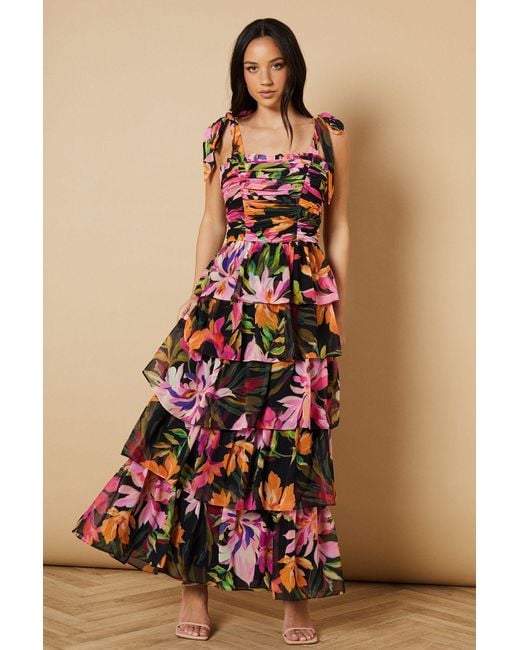 Oasis Pink Ruched Ruffle Tiered Tie Strap Midi Dress