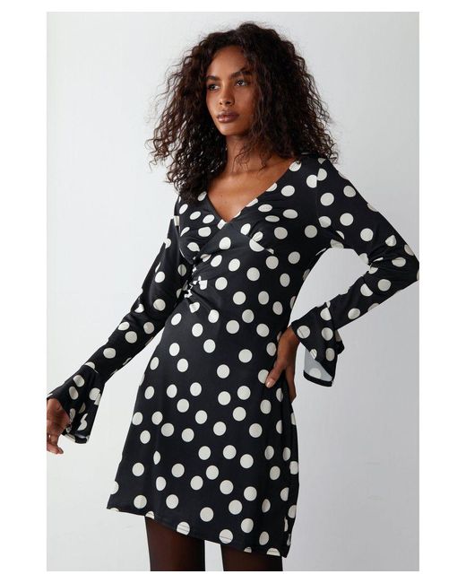 Warehouse Black Polka Dot Funnel Sleeve Mini Dress