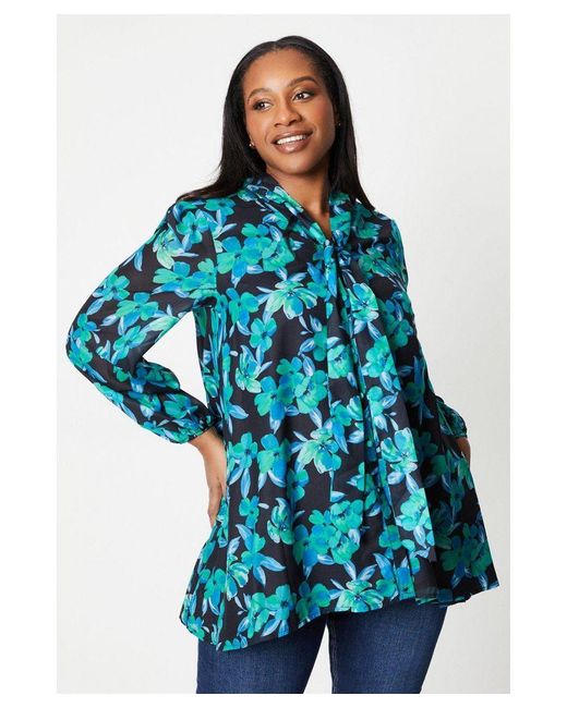 Wallis Blue Curve Floral Pussybow Blouse