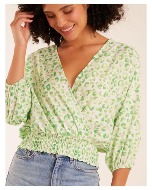 Blue Vanilla Green Elasticated Sleeve Wrap Front Elastic Hem Top