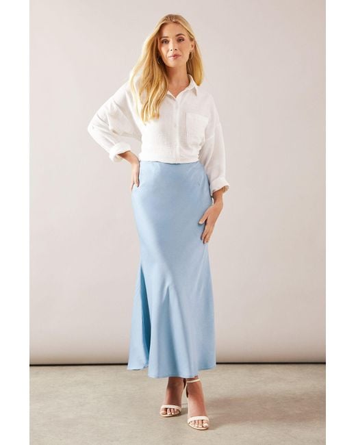 Wallis Blue Petite Satin Bias Cut Midi Skirt