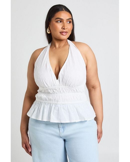 Boohoo White Plus Broidery Shirred Halterneck Top