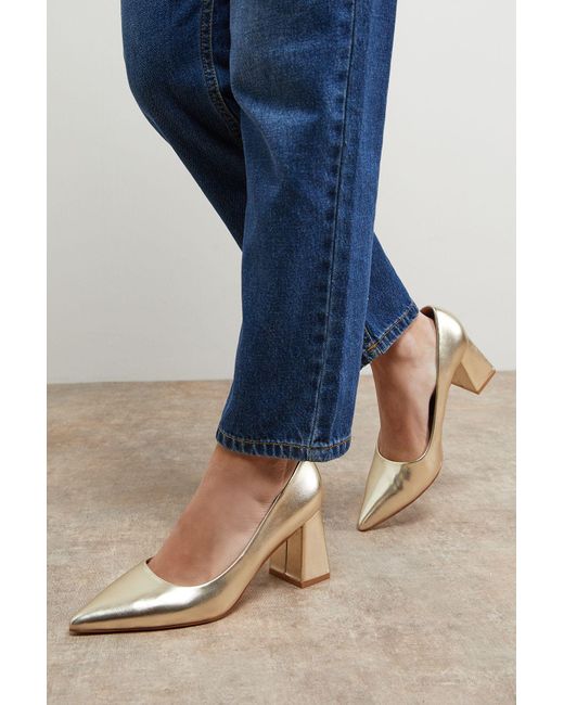Oasis Blue Val Faux Metallic Leather Pointed High Block Heel Courts