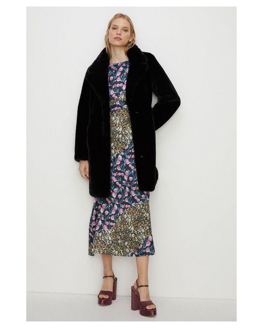 Oasis Black Recycled Faux Fur Collared Long Coat