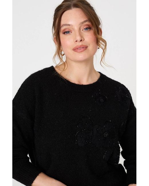Izabel London Black Floral Embellished Relaxed Jumper