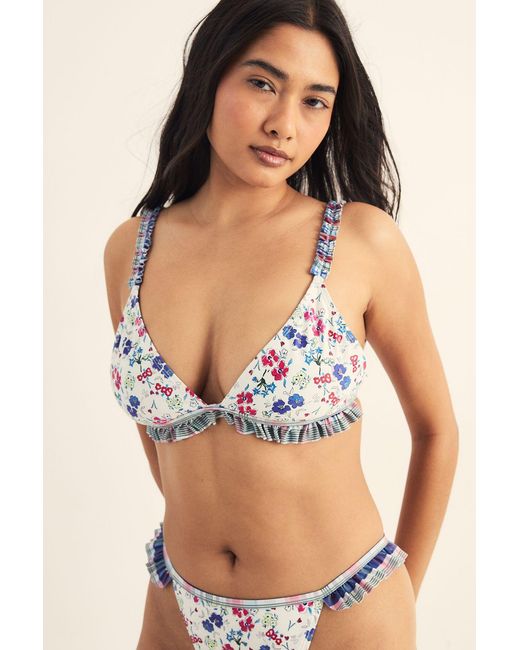 Nasty Gal Natural Floral Check Ruffle Contrast Tie Triangle Bikini Set