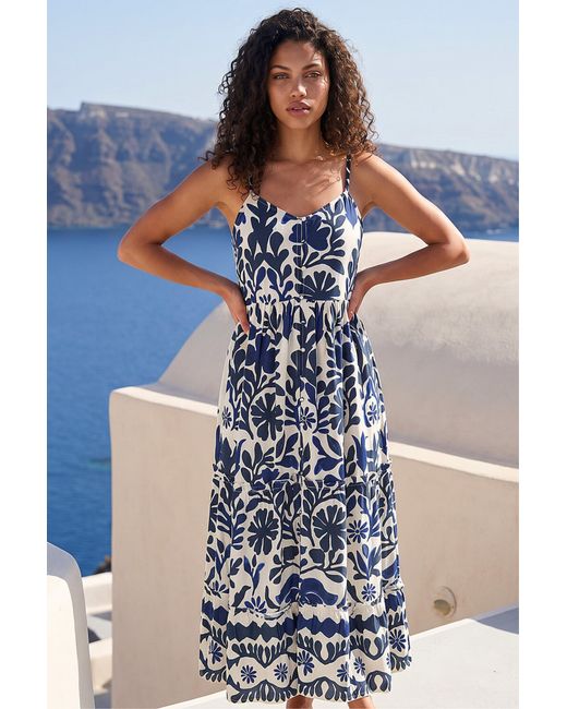 Roman Blue Petite Print Strappy Button Midi Dress