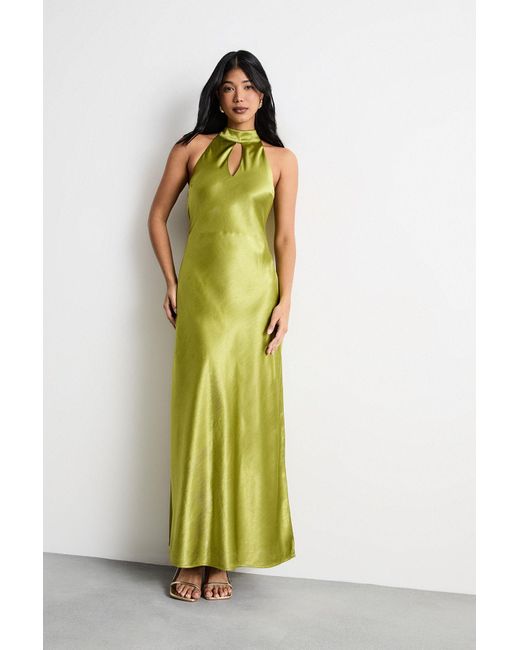Warehouse Green Satin Tie Neck Cowl Front Maxi Dress