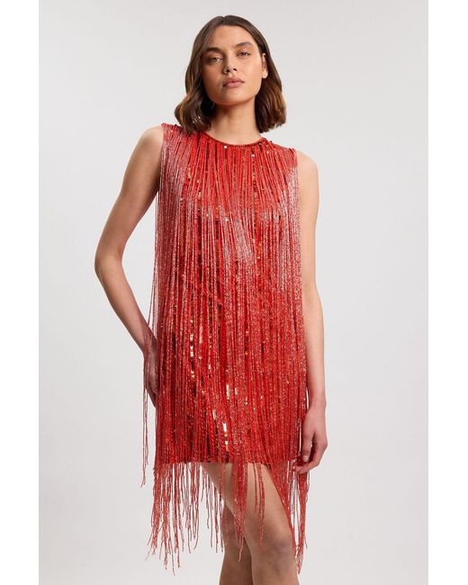 Karen Millen Red Beaded Fringed Sleeveless Woven Midi Dress