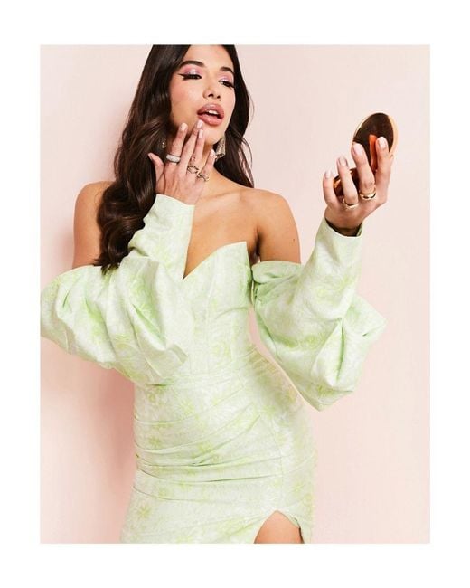 ASOS Green Extreme Bardot Sleeve Jacquard Mini Dress