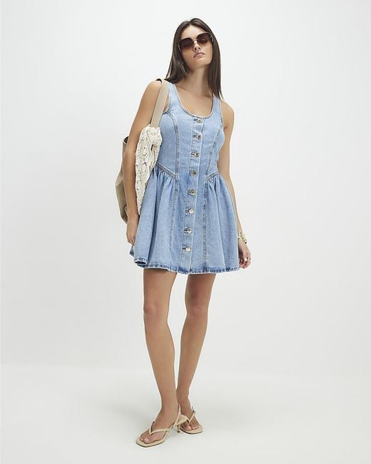 River Island Blue Mini Dress Denim Button Front Sleeveless Cotton
