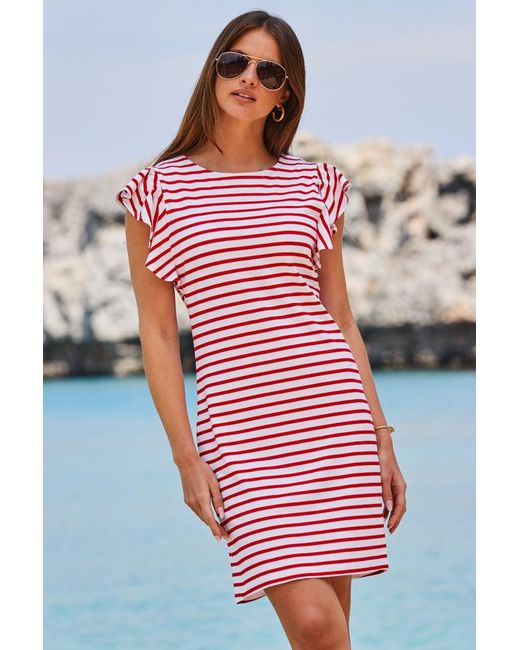 Sosandar White Ivory Stripe Print Flutter Sleeve Shift Jersey Dress