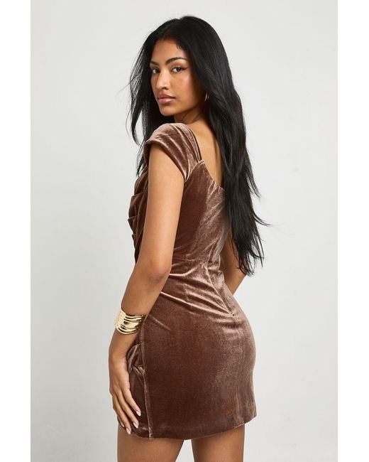 Boohoo Brown Velvet Ruched Dress