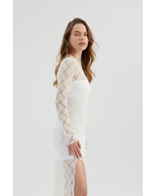 Hiccup White Lace High Neck Mesh Maxi Dress With A Side Slit