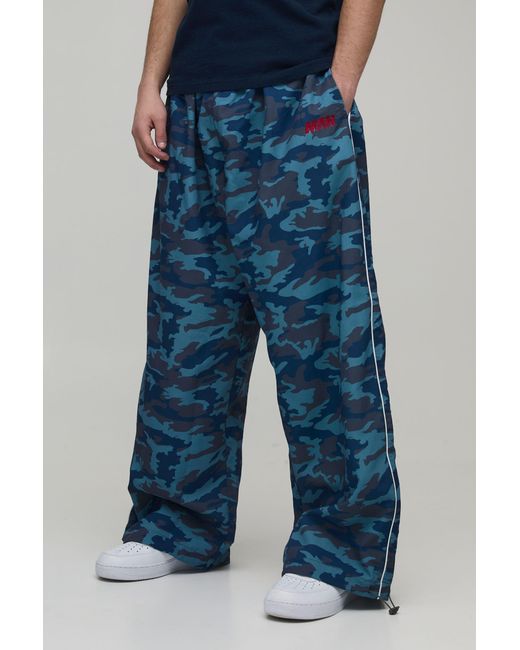 BoohooMAN Blue Extreme Parachute Camo Track Pants for men
