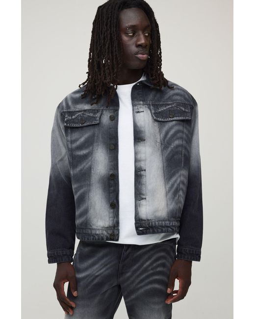 BoohooMAN Black Regular Laser Print Marble Denim Jacket for men