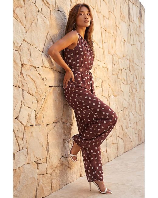 Roman Brown Spot Pleat Neck Jumpsuits