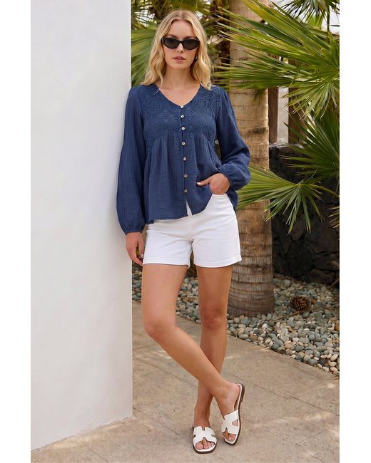 Roman Blue Crochet Button Up Blouse