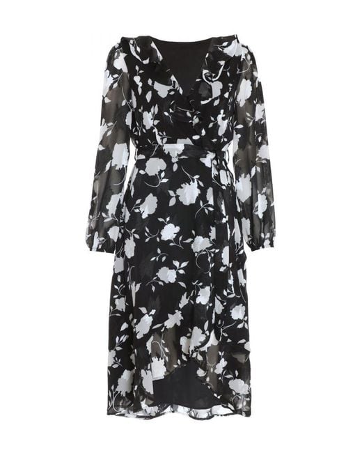 Quiz Black Floral Frill Wrap Midi Dress