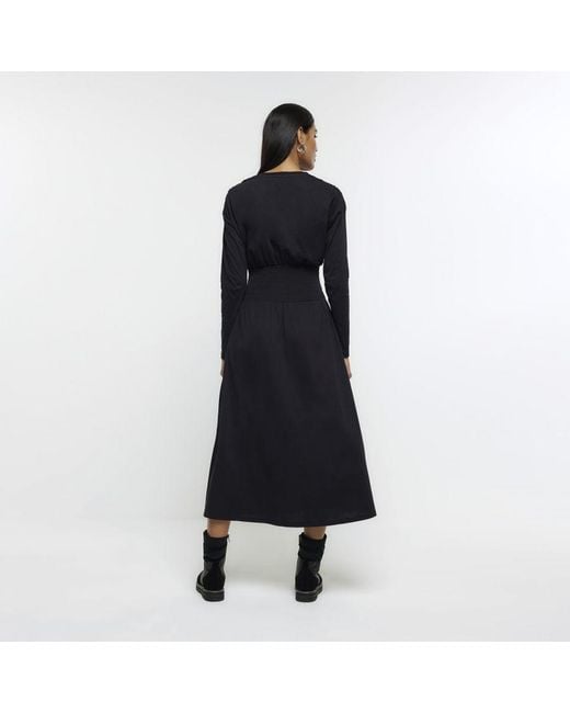 River Island Blue Midi Dress Shirred Waist