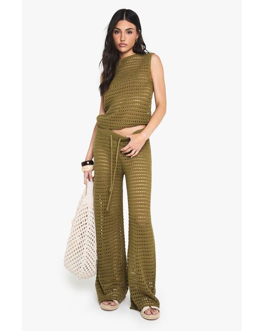 Boohoo Green Crochet Knitted High Neck Top And Wide Leg Trouser