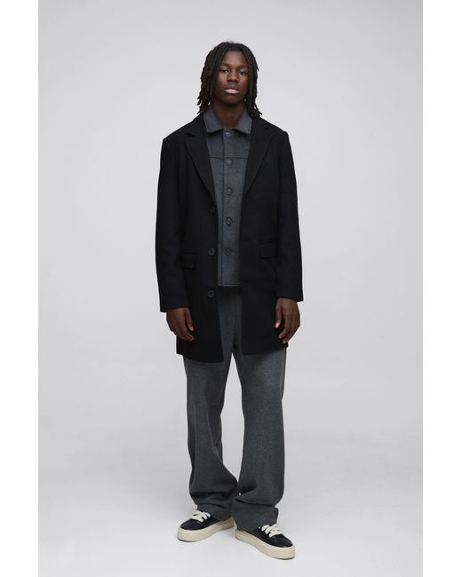 BoohooMAN Black Single Breasted Wool Mix Overcoat for men