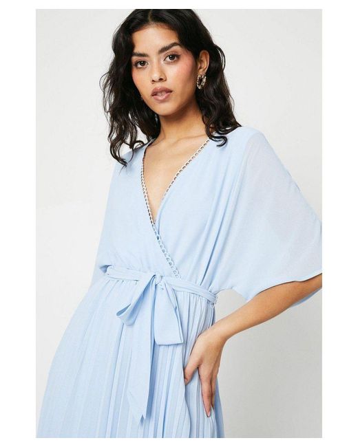 Oasis Blue Petite Occasion Kimono Sleeve Pleated Midi Dress