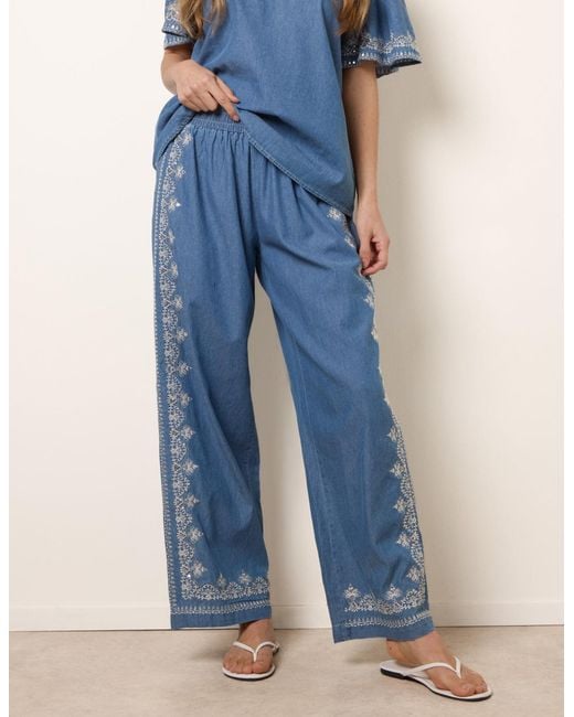 Blue Vanilla Blue Floral Embroidery Wide-Leg Trousers