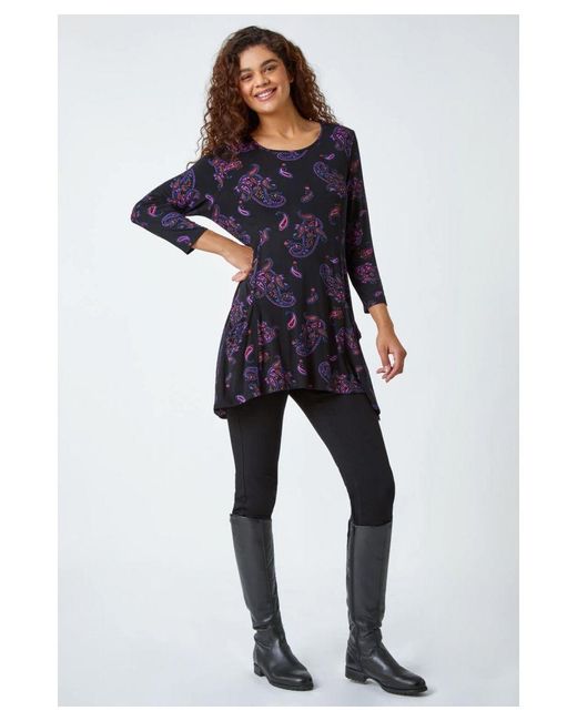 Roman Blue Paisley Pocket Detail Stretch Tunic Swing Top