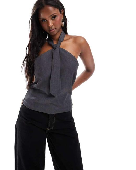 ONLY Blue Tailored Halterneck Top With Tie Detail