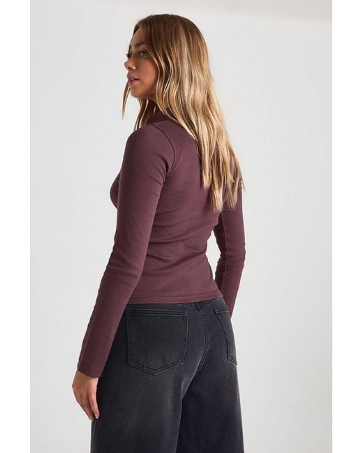 Boohoo Red Rib Button Through Collar Split Hem Shirt