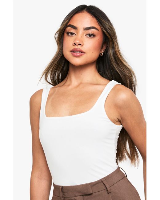 Boohoo White Square Neck Slinky Double Layer Bodysuit