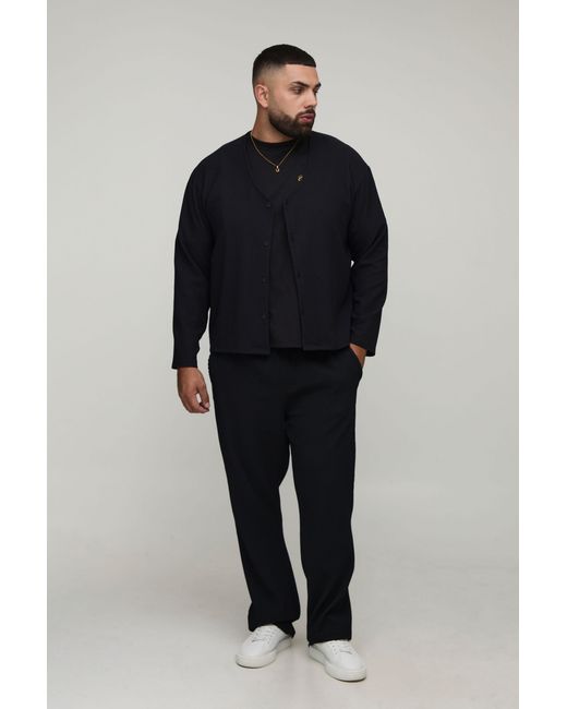 BoohooMAN Blue Plus Pleated Oversized Boxy Collarless Shirt for men