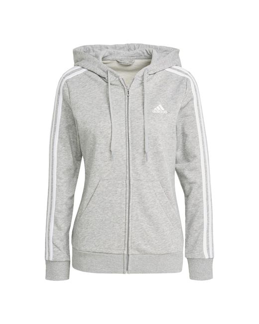 Adidas Gray Essentials French Terry 3-Stripes Full-Zip Hoodie