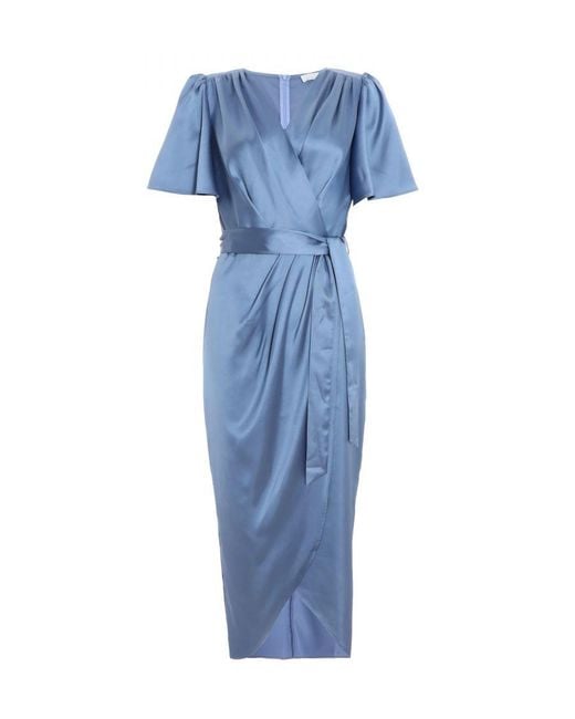 Quiz Blue Satin Wrap Ruched Midi Dress